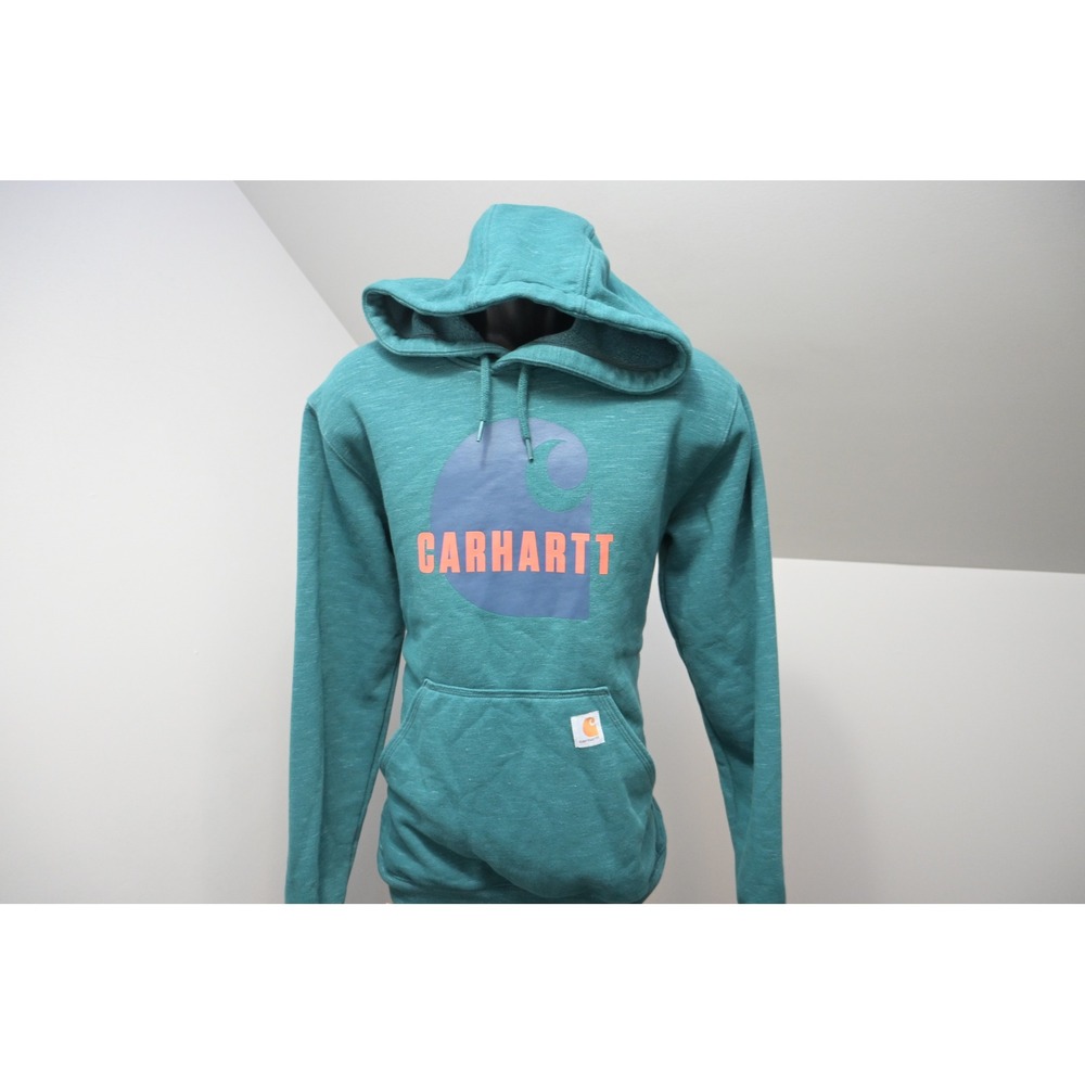 Carhartt Hoodie Men Small Regular Teal Green Graphic Logo Pullover Excellent
